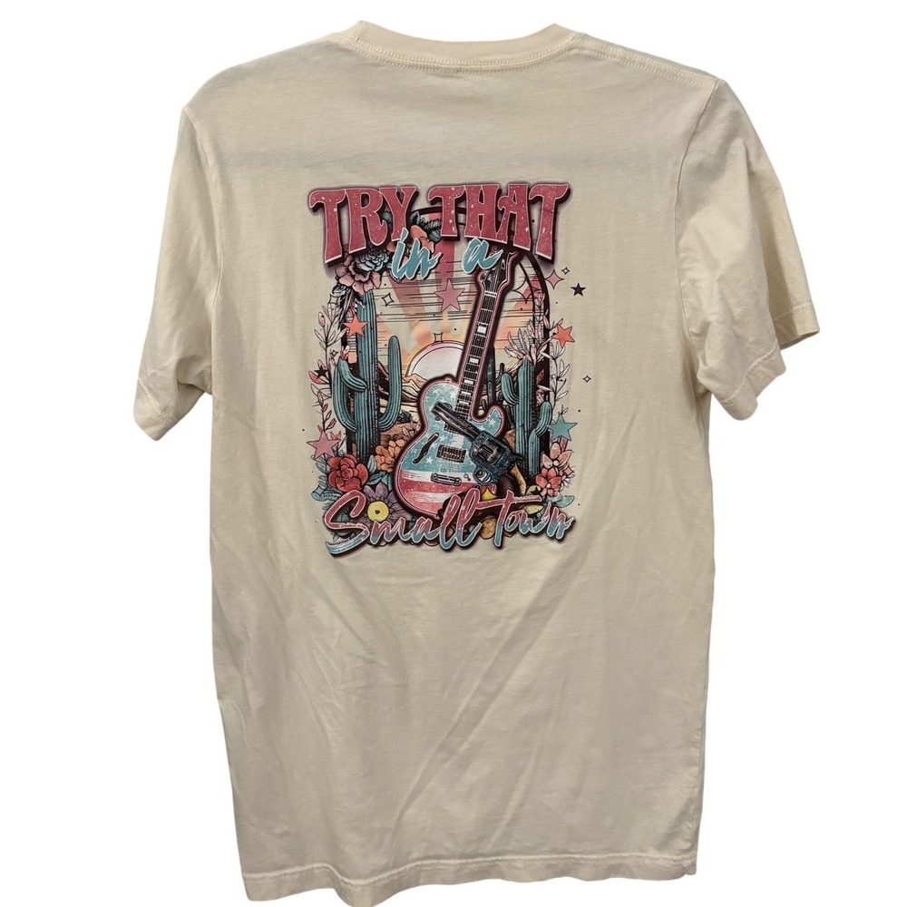 Country Guitar Cactus Floral Graphic Tee Shirt Cream Women's